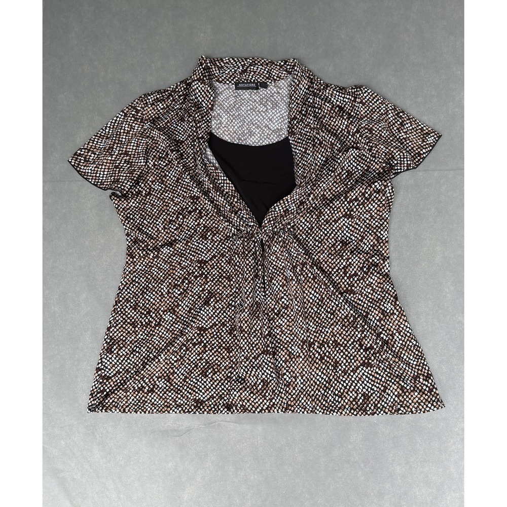 Notations Womens XL Brown Pebbled Print Layered Inset V-Neck Flutter Sleeve Top